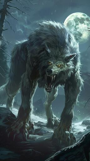 Fenrir the Monstrous Wolf from Norse Mythology, a gargantuan and fearsome wolf of unparalleled size and strength, bigger than a mountain, His fur is dark as the depths of night with patches of silver and gray interspersed throughout giving him a haunting and otherworldly appearance, His form is lean and muscular with sinewy limbs, razor-sharp claws that glint in the moonlight, glowing golden eyes, a look of hunger on his face, full body portrait, fantasy themed, night time background --ar 9:16
