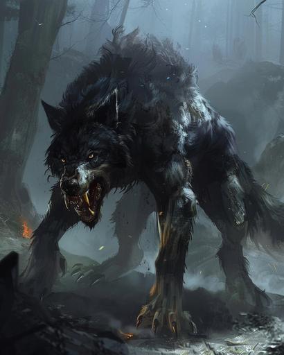 Fenrir the Monstrous Wolf from Norse Mythology, a gargantuan and fearsome wolf of unparalleled size and strength, bigger than the tallest of trees, His fur is dark as the depths of night with patches of silver and gray interspersed throughout giving him a haunting and otherworldly appearance, His form is lean and muscular with sinewy limbs, razor-sharp claws that glint in the moonlight, glowing golden eyes, a look of hunger on his face, full body portrait, fantasy themed, night time background --ar 4:5