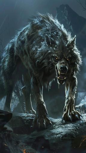 Fenrir the Monstrous Wolf from Norse Mythology, a gargantuan and fearsome wolf of unparalleled size and strength, bigger than a mountain, His fur is dark as the depths of night with patches of silver and gray interspersed throughout giving him a haunting and otherworldly appearance, His form is lean and muscular with sinewy limbs, razor-sharp claws that glint in the moonlight, glowing golden eyes, a look of hunger on his face, full body portrait, fantasy themed, night time background --ar 9:16