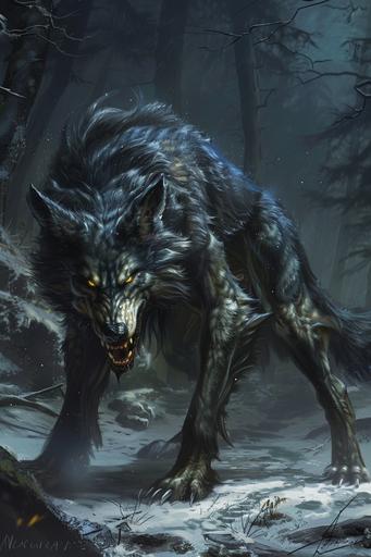 Fenrir the Monstrous Wolf from Norse Mythology, a gargantuan and fearsome wolf of unparalleled size and strength, bigger than the tallest of trees, His fur is dark as the depths of night with patches of silver and gray interspersed throughout giving him a haunting and otherworldly appearance, His form is lean and muscular with sinewy limbs, razor-sharp claws that glint in the moonlight, glowing golden eyes, a look of hunger on his face, full body portrait, fantasy themed, night time background --ar 2:3
