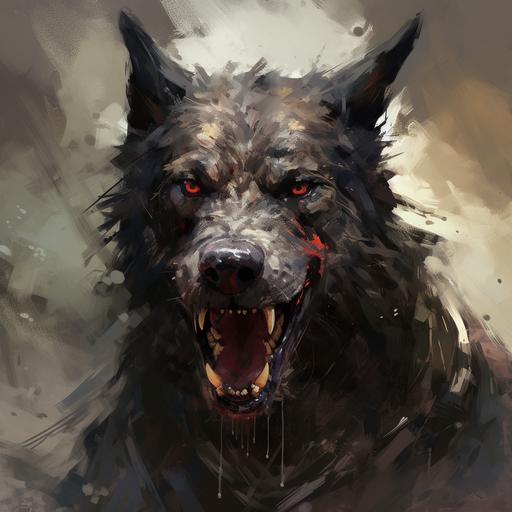 Feral dog monster, bone head, angry looking face, sharp theeth and claws, dark fantasy setting, speedpaint style, character portrait, impressionist oil art, gritty brushes, mournful mood, style of Symbaroum, style of Martin Grip, style of Richard Anderson