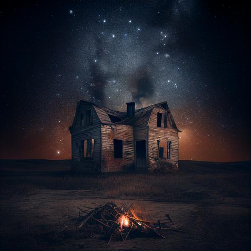 old burned down house in the middle of nowhere in the lower third center symetry at night see sky stars and falling star in the sky