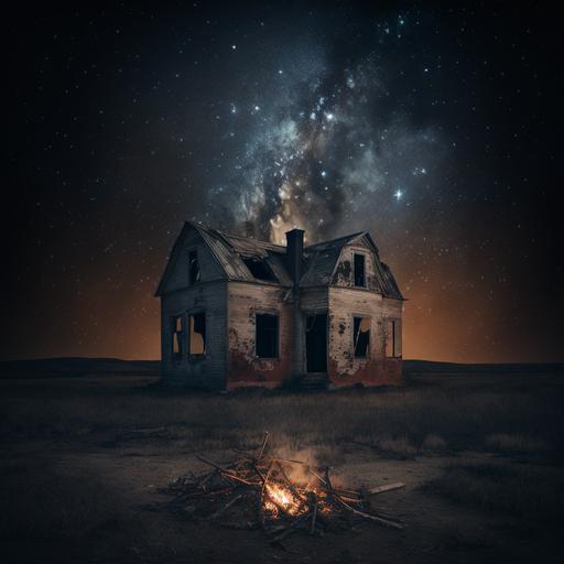 old burned down house in the middle of nowhere in the lower third center symetry at night see sky stars and falling star in the sky