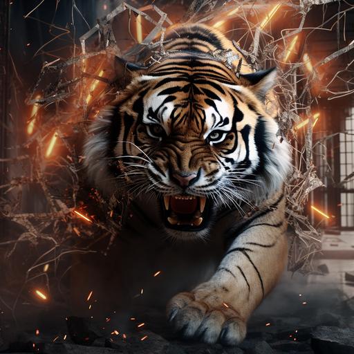 Ferocious Bengal tiger breaking through black brick wall with sparking wires hanging from ceiling and 50% opacity white letters: BCB in bottom left corner rendered in cinema4d