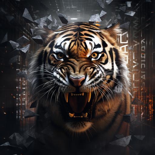 Ferocious Bengal tiger breaking through black brick wall with sparking wires hanging from ceiling and 50% opacity white letters: BCB in bottom left corner rendered in cinema4d
