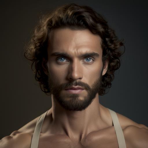greek male model portrait mid-chest, photography, light brown curly hair, sharp features, blue eyes, very light stubble beard, age between 25 and 35, shot at 70mm, model at 1 meter distance to the camera, shutter speed 250, iso 250, f2.8, cinematic, hyperrealistic, realistic photographic portrait, off-white linen shirt, natural light during sunset/golden hour, background is a beach, white sand and teal water