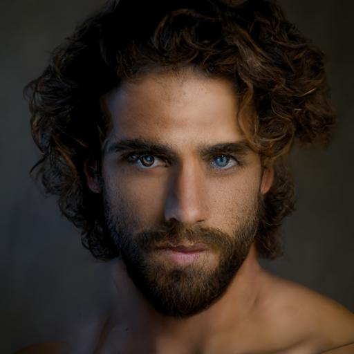 greek male model portrait mid-chest, photography, light brown curly hair, sharp features, blue eyes, very light stubble beard, age between 25 and 35, shot with RF 28-70mm at 70mm, model at 1 meter distance to the camera, shutter speed 250, iso 250, f2.8, shot with canon R5, cinematic, hyperrealistic, off-white linen shirt, natural light during sunset/golden hour, background is a beach, white sand and teal water,
