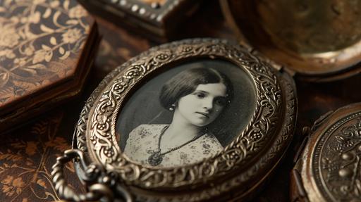 Ferrotype in vintage locket, intricate design, portrait of a young woman, combined with ornate metalwork, keepsake aesthetic, 1209 1223a --ar 16:9 --v 6.0