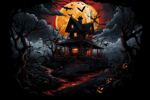 Festive Halloween Haunted House :: Spooky Symbol of Thrills and Chills :: T-Shirt Design :: Mysterious and Fun Artwork :: --ar 3:2