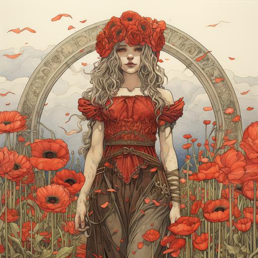 Fey Goddess, Maiden of Flowers, Red skinned adornmed in a flower crown, Full body portrait standing in a field of poppys, Art inspired by Wylie Beckert. Ink and Colored Pencil on Toned Paper