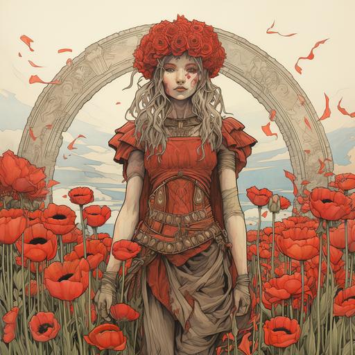 Fey Goddess, Maiden of Flowers, Red skinned adornmed in a flower crown, Full body portrait standing in a field of poppys, Art inspired by Wylie Beckert. Ink and Colored Pencil on Toned Paper
