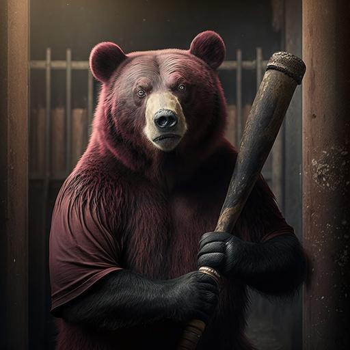 realistic aggressive black bear holding a long baseball bat, wearing a maroon coloured tshirt and a maroon baseball hat, with a rusted metal background, 8k, photorealistic, high detail