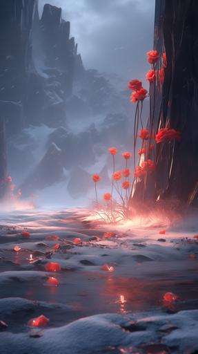 Fiery frozen roses in the glacier, frozen roses, tall abandoned factories, scattered roses, glacier waterfalls, snow, rose path, fiery ovules and lava crystal ginger, Blizzard style art station trend, magical light fog, glacier, rainbow, tree cloud, volume lighting, UE4, ZBrush, marmoset toolkit HD --ar 9:16 --niji 5