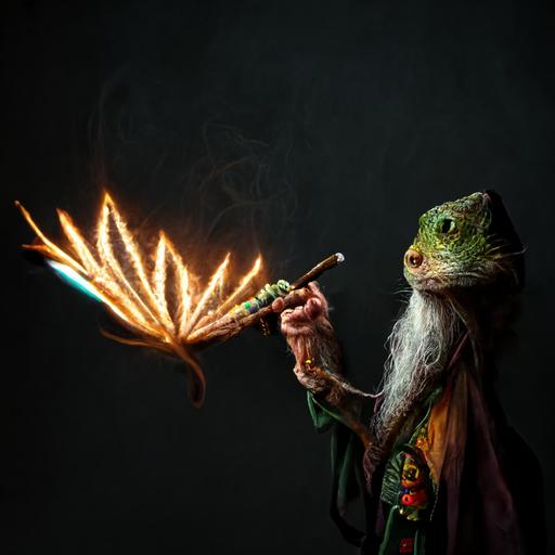 marijuana battle lizard wizard, holding a lit blunt staff