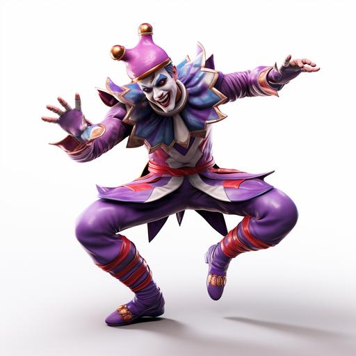 Fighting Game, full body shot, arms stretched out to sides, Facing directly at camera, against a white background, Jester, purple jester costume, purple three point court jester hat, comedic demeanor Unreal Engine 5, correct human anatomy ar 16: 9 iw 0.2