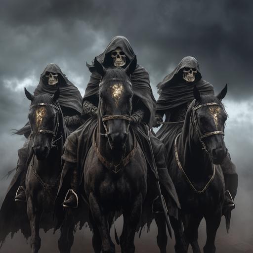 four grim reapers on horses, skeleton faces, scythes in their hands, the horses have the colours brown, black, yellow and white, character, dark and depressing background, Hyperrealistic photography, mysterious, HD, epic, fantasy, 8k, unreal engine, hyper - realistic, atmospheric, soft lighting, daylight render with soft tone