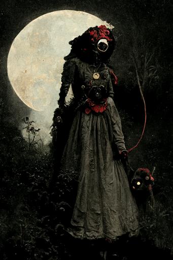 Figure of lady in dirty obscured mask, dark moonlit sky, holding a creature with a red leash. Creature has big eyes , and peers out from undergrowth. The red leash is wrapped around her Victorian skirt. Red leash has golden studded handle. --ar 13:20