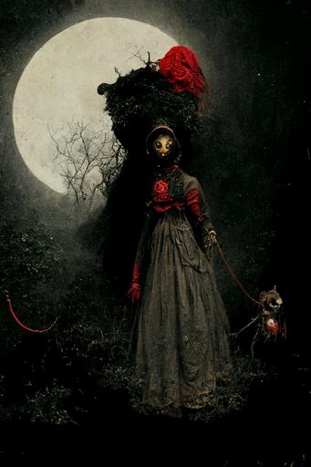 Figure of lady in dirty obscured mask, dark moonlit sky, holding a creature with a red leash. Creature has big eyes , and peers out from undergrowth. The red leash is wrapped around her Victorian skirt. Red leash has golden studded handle. --ar 13:20