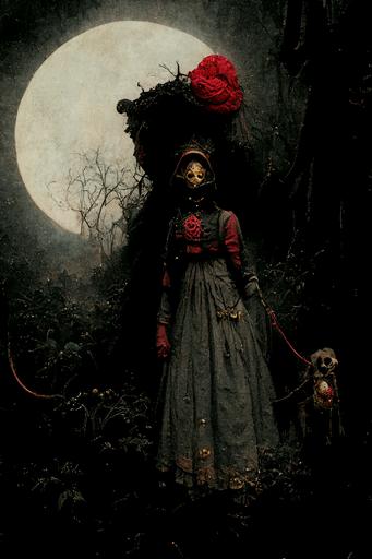 Figure of lady in dirty obscured mask, dark moonlit sky, holding a creature with a red leash. Creature has big eyes , and peers out from undergrowth. The red leash is wrapped around her Victorian skirt. Red leash has golden studded handle. --ar 13:20