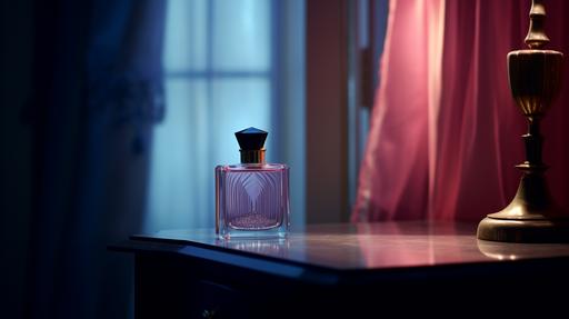 Film Still, style by the Safdie Brothers. Matte black perfume bottle with pink cap sitting on wooden clothing dresser with lamp above it. Blue moonlight lighting shining through curtains. Sharp and detailed, film grain, KODAK VISION3 500T pushed by one stop, 40mm lens, f4.0 --ar 16:9 --q 2 --v 5.2