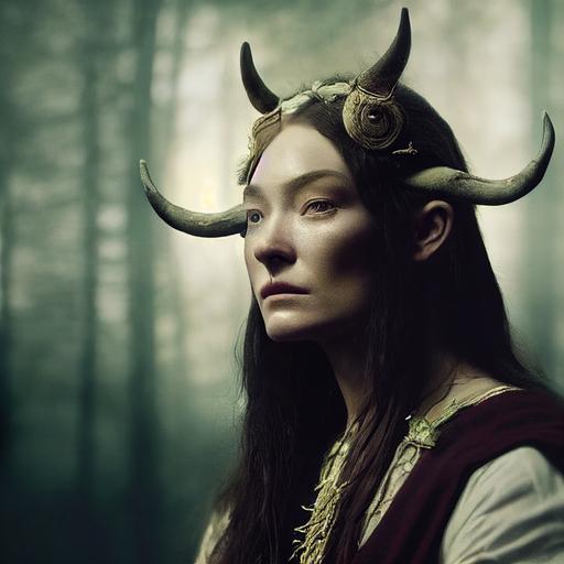 Film still of Clara Paget as a female druid priestess with animal horns on her head, mysterious expression, mystical setting, 8K, Ultra detailed, Photo-realtistic, Octane rendering, Cinematic lighting, dramatic volumetric lighting, --testp --creative