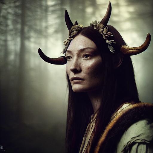 Film still of Clara Paget as a female druid priestess with animal horns on her head, mysterious expression, mystical setting, 8K, Ultra detailed, Photo-realtistic, Octane rendering, Cinematic lighting, dramatic volumetric lighting, --testp --creative