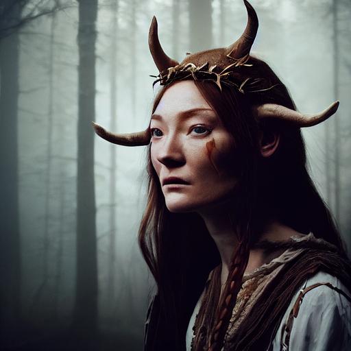 Film still of Clara Paget as a female druid priestess with animal horns on her head, mysterious expression, mystical setting, 8K, Ultra detailed, Photo-realtistic, Octane rendering, Cinematic lighting, dramatic volumetric lighting, --testp --creative