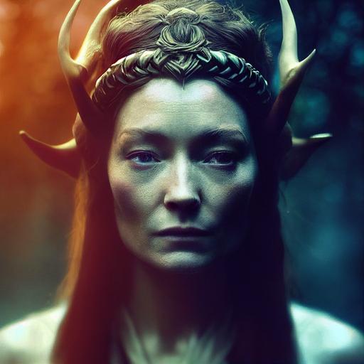 Film still of Clara Paget as a female druid priestess with animal horns on her head, mysterious expression, mystical setting, 8K, Ultra detailed, Photo-realtistic, Octane rendering, Cinematic lighting, dramatic volumetric lighting, --testp --creative