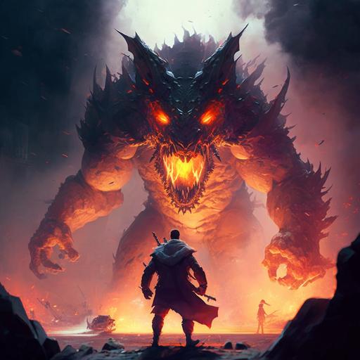 Final boss battle witha fierce giant monster beast, dangerous, unbeatable, raging