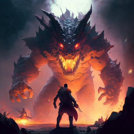 Final boss battle witha fierce giant monster beast, dangerous, unbeatable, raging
