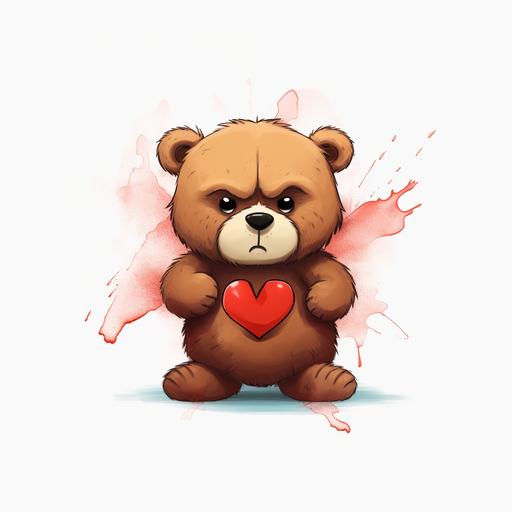 , angry teddy bear, cartoon like drawing, with a broken heart