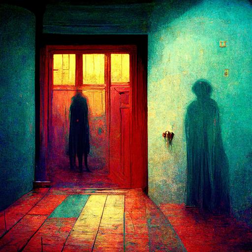 sleep paralysis, vibrant colors, eyes on the walls, shadow figure at the door  --v 3