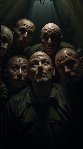 Five weary prisoners in tattered Soviet-era clothing, inside a sealed chamber filled with stimulant gas, eyes wide open in desperation, dimly lit and claustrophobic setting, close-up, hyper-realistic, cinematography --ar 9:16