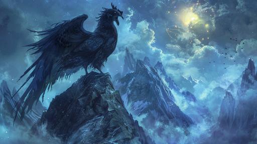 Fjalar a colossal demonic black rooster perching upon a mountain peak above the realm of Helhiem. His wings incase the peak of the mountain, His Eyes are glowing golden orbs, Fierce Nature, fantasy themed --ar 16:9