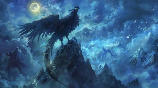 Fjalar a colossal demonic black rooster perching upon a mountain peak above the realm of Helhiem. His wings incase the peak of the mountain, His Eyes are glowing golden orbs, Fierce Nature, fantasy themed --ar 16:9