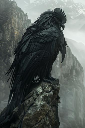 Fjalar a massive demonic black rooster perching upon a mountain peak above the realm of Helhiem. His wings cover the top of the mountain. His dark feathers gleam like polished obsidian in the faint light that filters through the gloom. His Eyes glowing like golden orbs, Fierce Nature, fantasy themed --ar 2:3