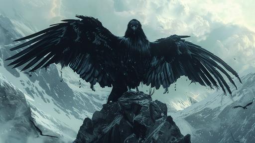 Fjalar a massive demonic black rooster perching upon a mountain peak above the realm of Helhiem. His wings cover the top of the mountain. His dark feathers gleam like polished obsidian in the faint light that filters through the gloom. His Eyes glowing like golden orbs, Fierce Nature, fantasy themed --ar 16:9