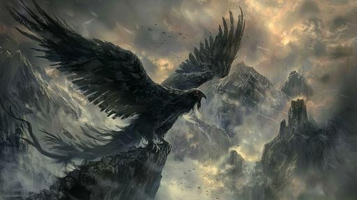 Fjalar a mountain sized demonic black rooster clinching to the side of a mountain above the realm of Helhiem. His wings cover most of the mountain. His dark feathers gleam like polished obsidian in the faint light that filters through the gloom. His Eyes glowing like golden orbs, Fierce Nature, fantasy themed --ar 16:9