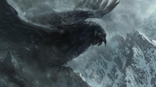 Fjalar a mountain sized demonic black rooster clinching to the side of a mountain above the realm of Helhiem. His wings cover most of the mountain. His dark feathers gleam like polished obsidian in the faint light that filters through the gloom. His Eyes glowing like golden orbs, Fierce Nature, fantasy themed --ar 16:9 --v 6.0
