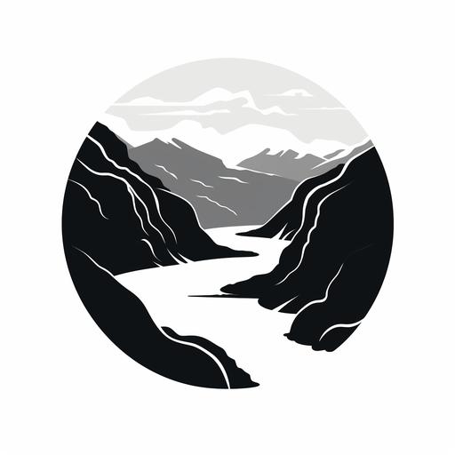 Fjord with high cliffs and winding river logo, high-contrast, black & white, vector, minimalist::2