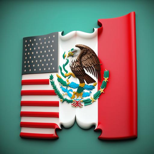 Flag of Cooperation: A fusion of the Mexican and American flags in which the eagle from the Mexican flag is placed on a blue background, symbolizing the USA, and the stars and stripes from the American flag are placed on the green background, symbolizing Mexico. The two symbols merge to create a representation of cooperation and unity; surreal 4k, clear background