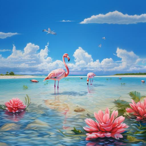 Flamingo and turtle in the sea of Turks and Caicos, Light from the sun's rays outline the animals and there is a little bird flying in the sky, very detailed