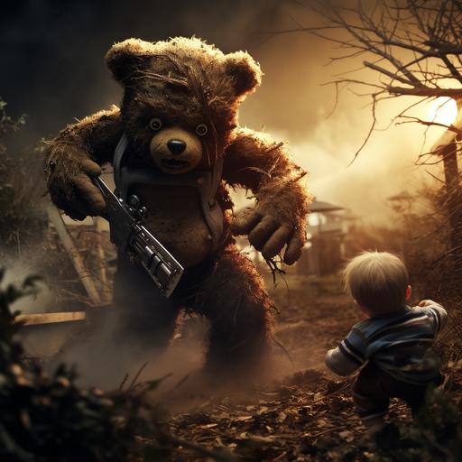 Evil nightmare teddy bear chasing victims with chainsaw award winning photo hd