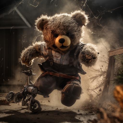 Evil nightmare teddy bear chasing victims with chainsaw award winning photo hd