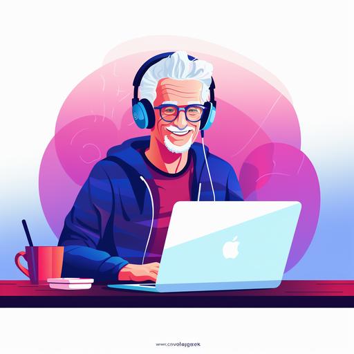 Flat 2D illustration of a dutch man smiling with a white face and grey hair, blue t shirt, with red glasses, 55 years old, sitting on a chair, on the desk, minimalistic, vector art, white background, white space, pastel colors, blue, pink, red and purple, looking his laptop at work, with a earphone