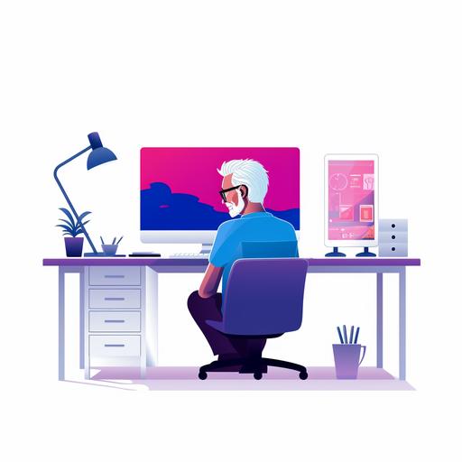 Flat 2D illustration of a dutch man with a white face and grey hair, blue t shirt, with red glasses, 55 years old, stand up behind his workstation, minimalistic, vector art, white background, white space, pastel colors, blue, pink, red and purple, back view