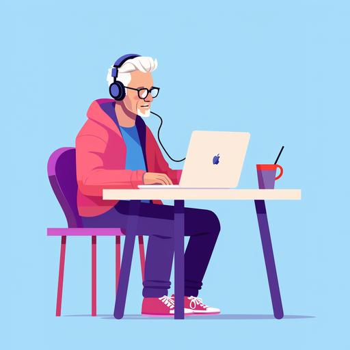 Flat 2D illustration of a dutch man with a white face and grey hair, blue t shirt, with red glasses, 55 years old, sitting on a chair, on the desk, minimalistic, vector art, white background, white space, pastel colors, blue, pink, red and purple, looking his laptop at work, with a earphone, his manager his behind him and loooking what he is doing