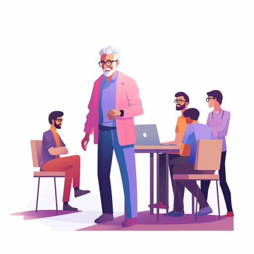 Flat 2D illustration of a dutch man with a white face and grey hair, blue t shirt, with red glasses, 55 years old, entering in a meeting room with 5 people inside, minimalistic, vector art, white background, white space, pastel colors, blue, pink, red and purple, looking his laptop at work, with a earphone, his manager his behind him and loooking what he is doing