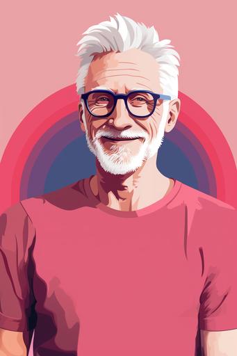 Flat design with simple shapes, a dutch man smiling with a white face and grey hair, blue t shirt, with red glasses, 55 years old, and blue eyes, pastel colors, blue, pink, red and purple, no background, American plan, no details and no shadows --ar 2:3