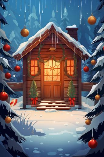 Flat disney pixar illustration, wooden house front porch zoom in, forest, christmas decoration, christmas lights, nature, kids story, cartoon, cute, flat style --ar 2:3